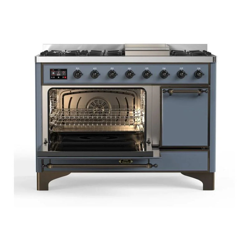 ILVE Majestic II 48" Dual Fuel Freestanding Range in Blue Grey with Burnished Trim, UM12FDQNS3BGB