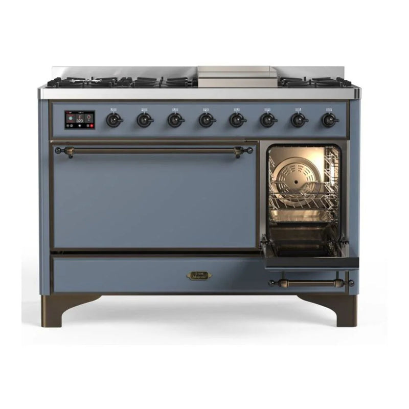 ILVE Majestic II 48" Dual Fuel Freestanding Range in Blue Grey with Burnished Trim, UM12FDQNS3BGB