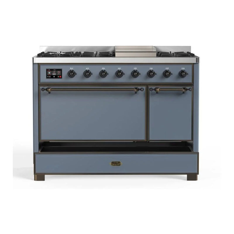 ILVE Majestic II 48" Dual Fuel Freestanding Range in Blue Grey with Burnished Trim, UM12FDQNS3BGB