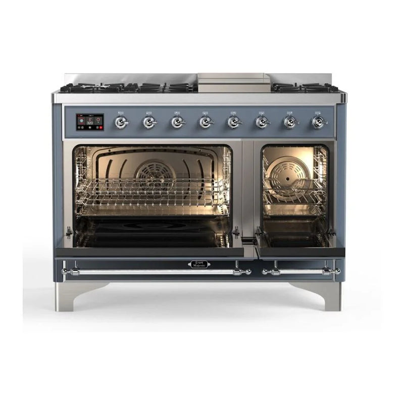 ILVE Majestic II 48" Dual Fuel Freestanding Range in Blue Grey with Chrome Trim, UM12FDQNS3BGCLP
