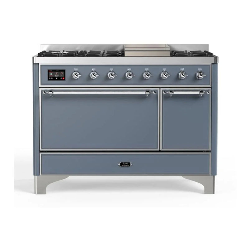 ILVE Majestic II 48" Dual Fuel Freestanding Range in Blue Grey with Chrome Trim, UM12FDQNS3BGC