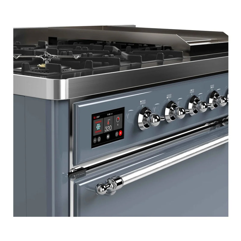 ILVE Majestic II 48" Dual Fuel Freestanding Range in Blue Grey with Chrome Trim, UM12FDQNS3BGC