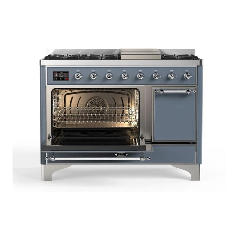 ILVE Majestic II 48" Dual Fuel Freestanding Range in Blue Grey with Chrome Trim, UM12FDQNS3BGC