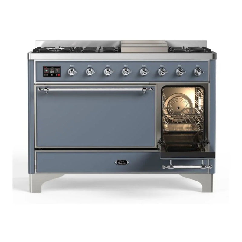 ILVE Majestic II 48" Dual Fuel Freestanding Range in Blue Grey with Chrome Trim, UM12FDQNS3BGC
