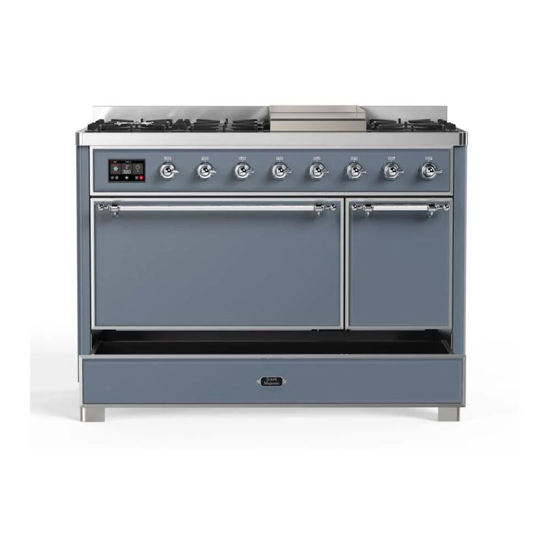 ILVE Majestic II 48" Dual Fuel Freestanding Range in Blue Grey with Chrome Trim, UM12FDQNS3BGC