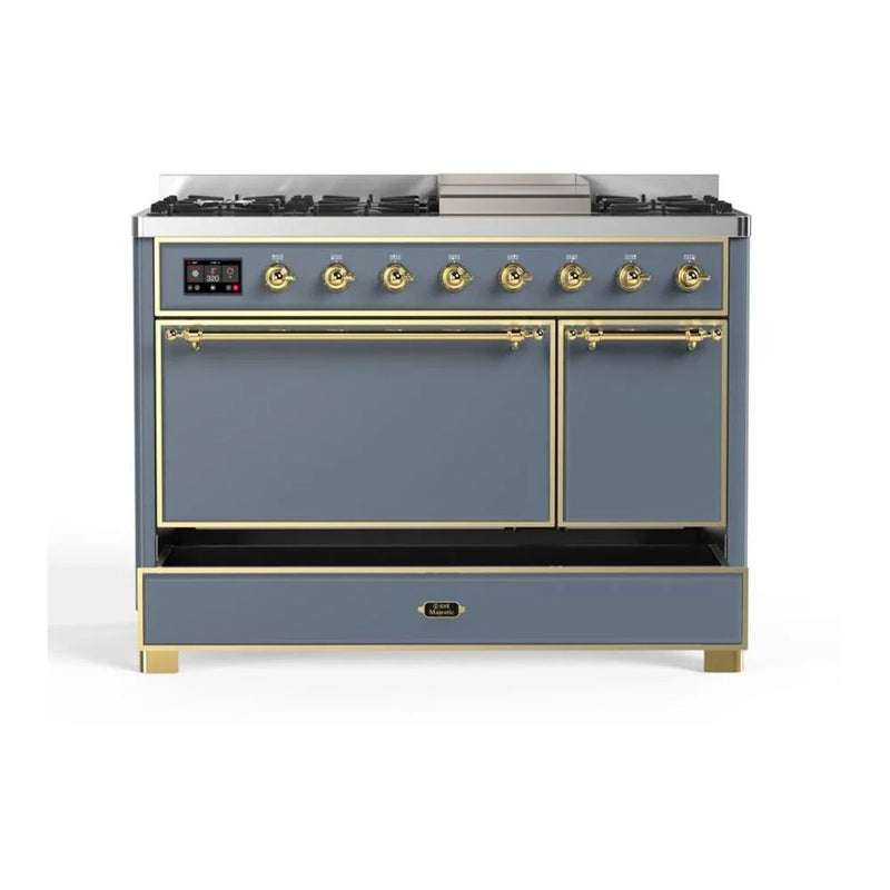 ILVE Majestic II 48" Dual Fuel Freestanding Range in Blue Grey with Brass Trim, UM12FDQNS3BGGLP