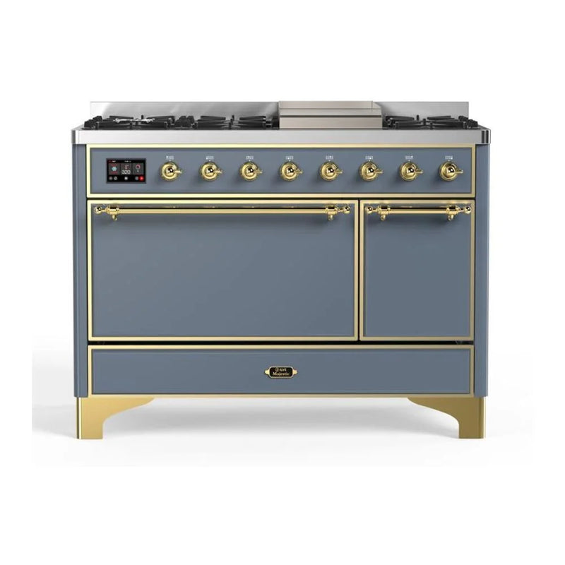 ILVE Majestic II 48" Dual Fuel Freestanding Range in Blue Grey with Brass Trim, UM12FDQNS3BGG