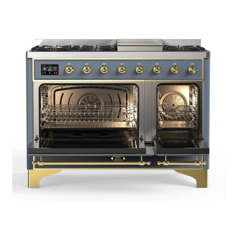 ILVE Majestic II 48" Dual Fuel Freestanding Range in Blue Grey with Brass Trim, UM12FDQNS3BGG
