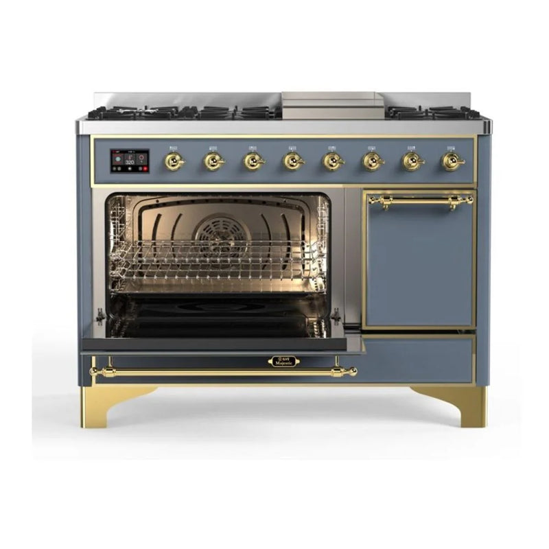ILVE Majestic II 48" Dual Fuel Freestanding Range in Blue Grey with Brass Trim, UM12FDQNS3BGG