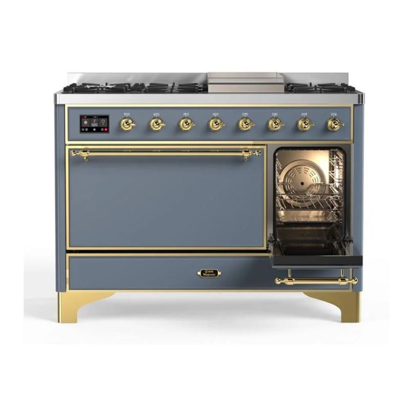 ILVE Majestic II 48" Dual Fuel Freestanding Range in Blue Grey with Brass Trim, UM12FDQNS3BGG