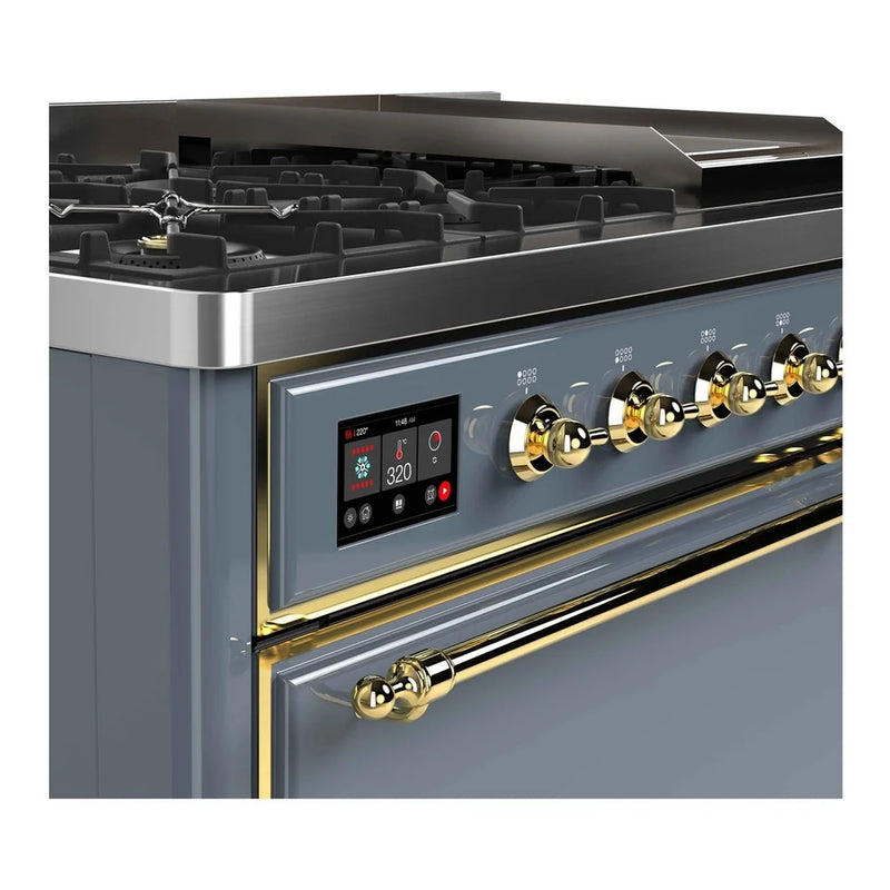 ILVE Majestic II 48" Dual Fuel Freestanding Range in Blue Grey with Brass Trim, UM12FDQNS3BGG