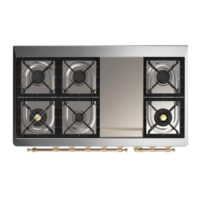 ILVE Majestic II 48" Dual Fuel Freestanding Range in Blue Grey with Brass Trim, UM12FDQNS3BGG