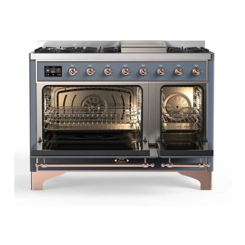 ILVE Majestic II 48" Dual Fuel Freestanding Range in Blue Grey with Copper Trim, UM12FDQNS3BGP