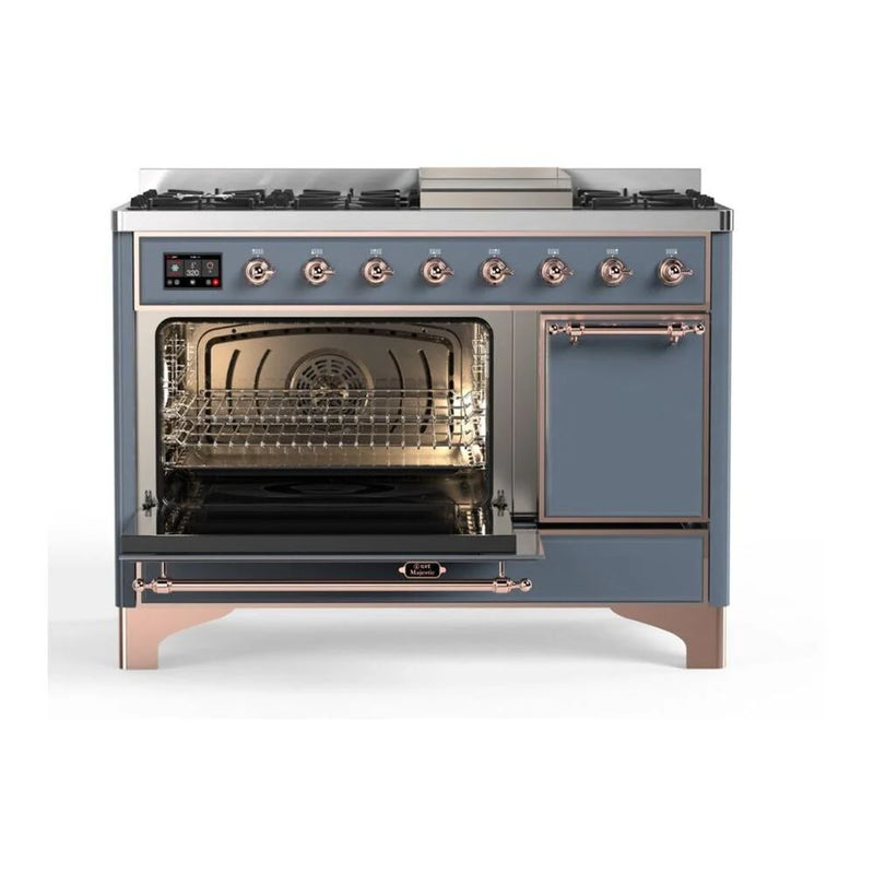 ILVE Majestic II 48" Dual Fuel Freestanding Range in Blue Grey with Copper Trim, UM12FDQNS3BGP