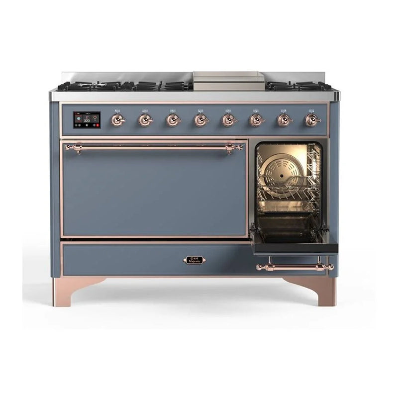 ILVE Majestic II 48" Dual Fuel Freestanding Range in Blue Grey with Copper Trim, UM12FDQNS3BGP