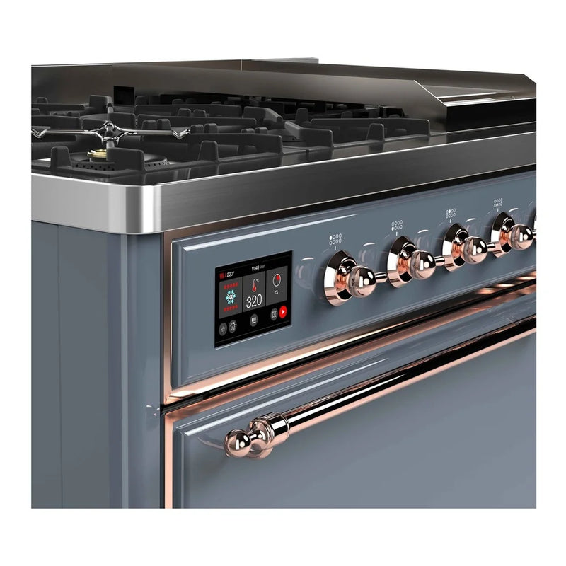 ILVE Majestic II 48" Dual Fuel Freestanding Range in Blue Grey with Copper Trim, UM12FDQNS3BGP