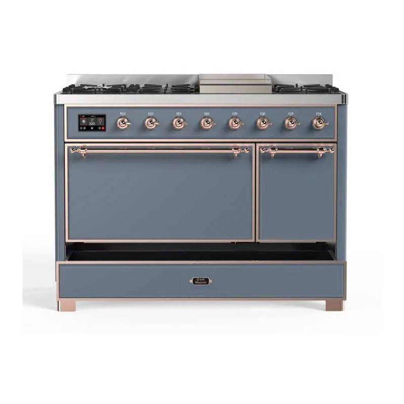 ILVE Majestic II 48" Dual Fuel Freestanding Range in Blue Grey with Copper Trim, UM12FDQNS3BGP