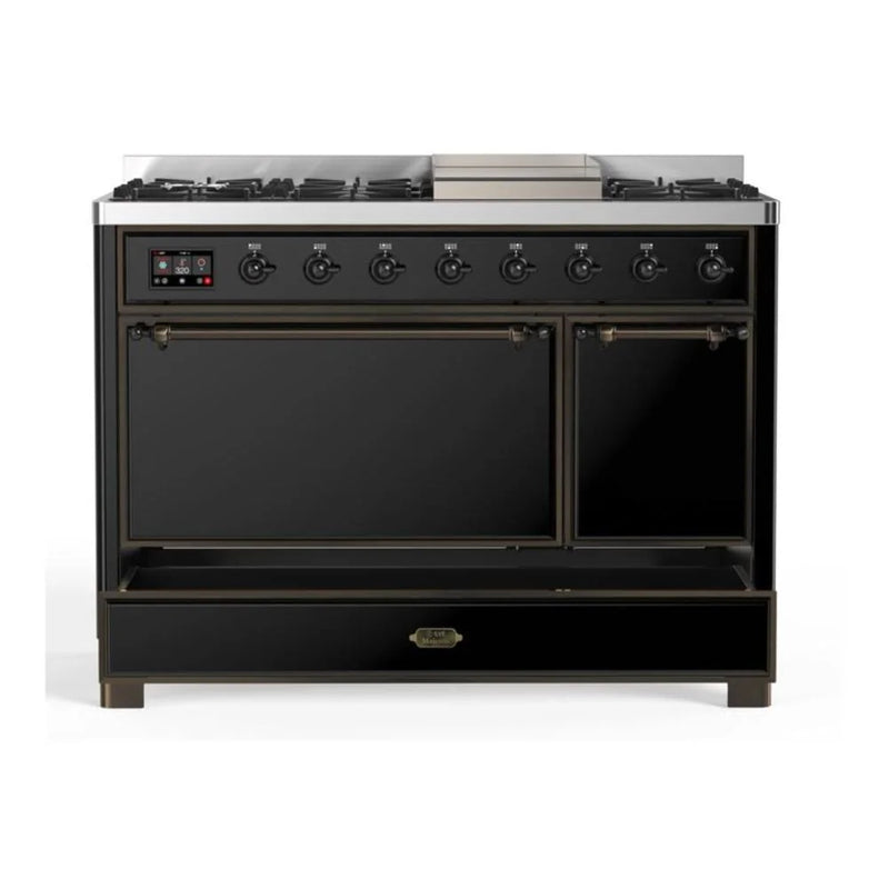 ILVE Majestic II 48" Dual Fuel Freestanding Range in Glossy Black with Burnished Trim, UM12FDQNS3BKBLP