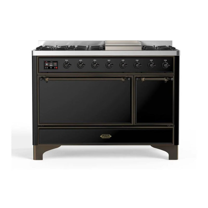 ILVE Majestic II 48" Dual Fuel Freestanding Range in Glossy Black with Burnished Trim, UM12FDQNS3BKB