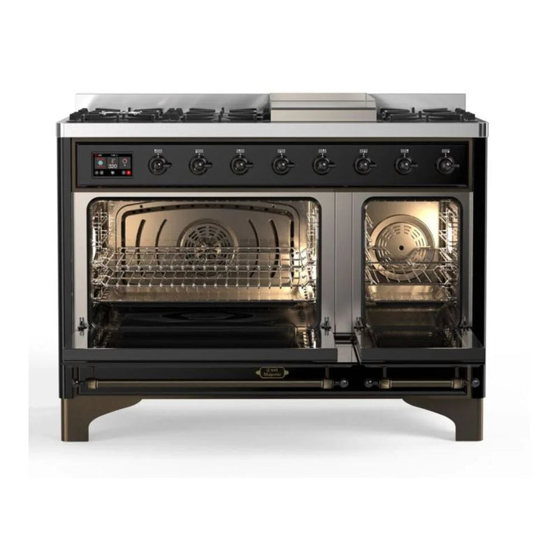 ILVE Majestic II 48" Dual Fuel Freestanding Range in Glossy Black with Burnished Trim, UM12FDQNS3BKB