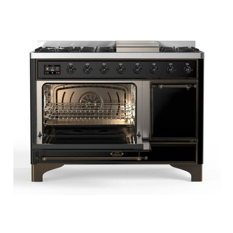 ILVE Majestic II 48" Dual Fuel Freestanding Range in Glossy Black with Burnished Trim, UM12FDQNS3BKB