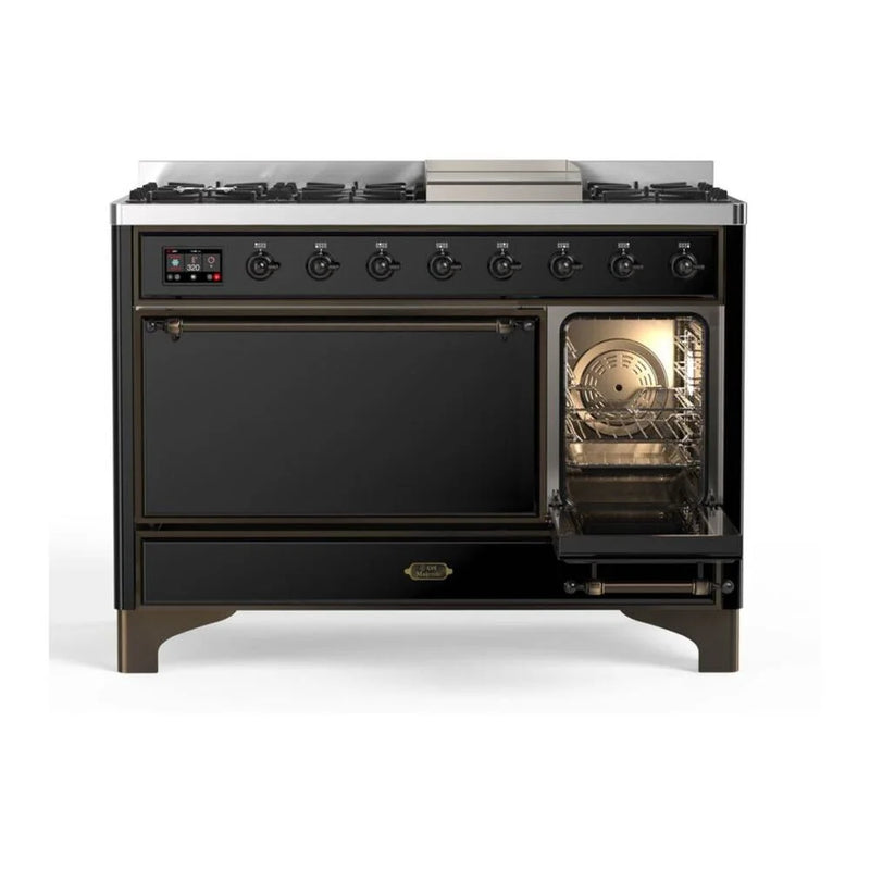 ILVE Majestic II 48" Dual Fuel Freestanding Range in Glossy Black with Burnished Trim, UM12FDQNS3BKB