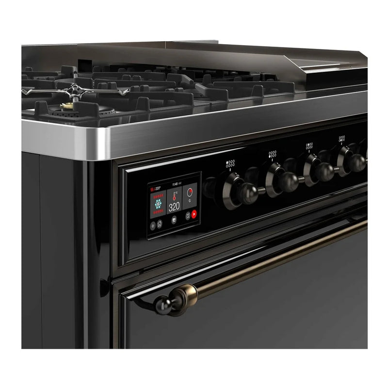 ILVE Majestic II 48" Dual Fuel Freestanding Range in Glossy Black with Burnished Trim, UM12FDQNS3BKB