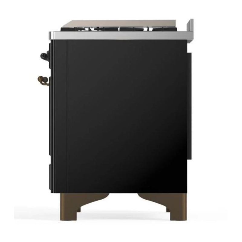 ILVE Majestic II 48" Dual Fuel Freestanding Range in Glossy Black with Burnished Trim, UM12FDQNS3BKB