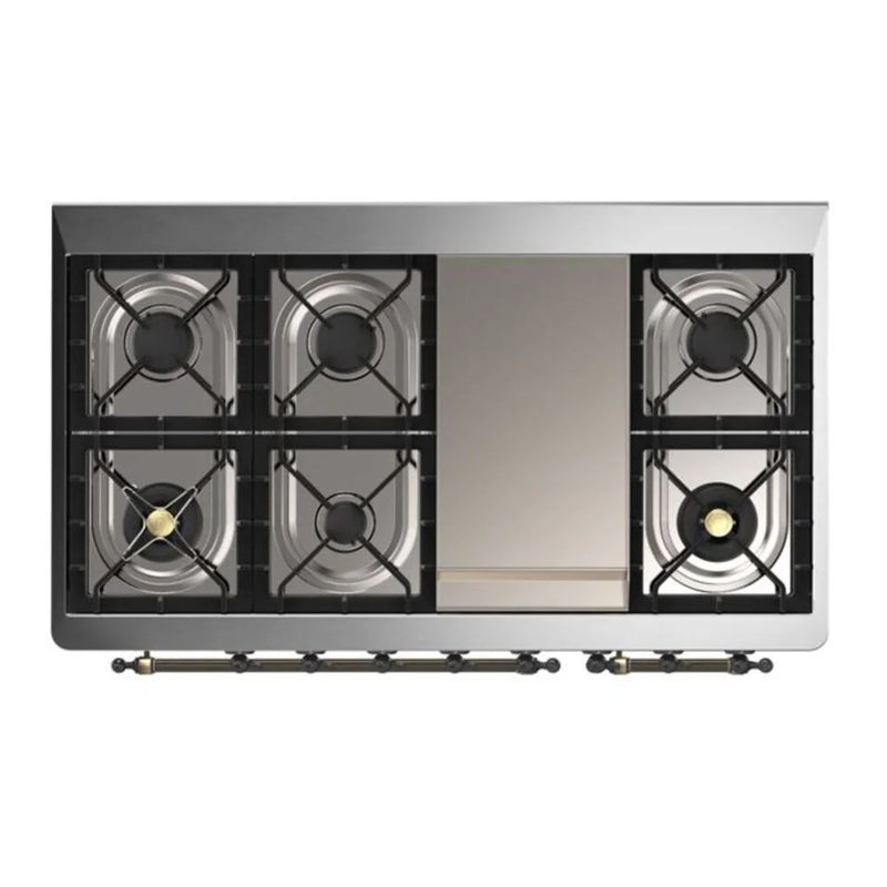 ILVE Majestic II 48" Dual Fuel Freestanding Range in Glossy Black with Burnished Trim, UM12FDQNS3BKB