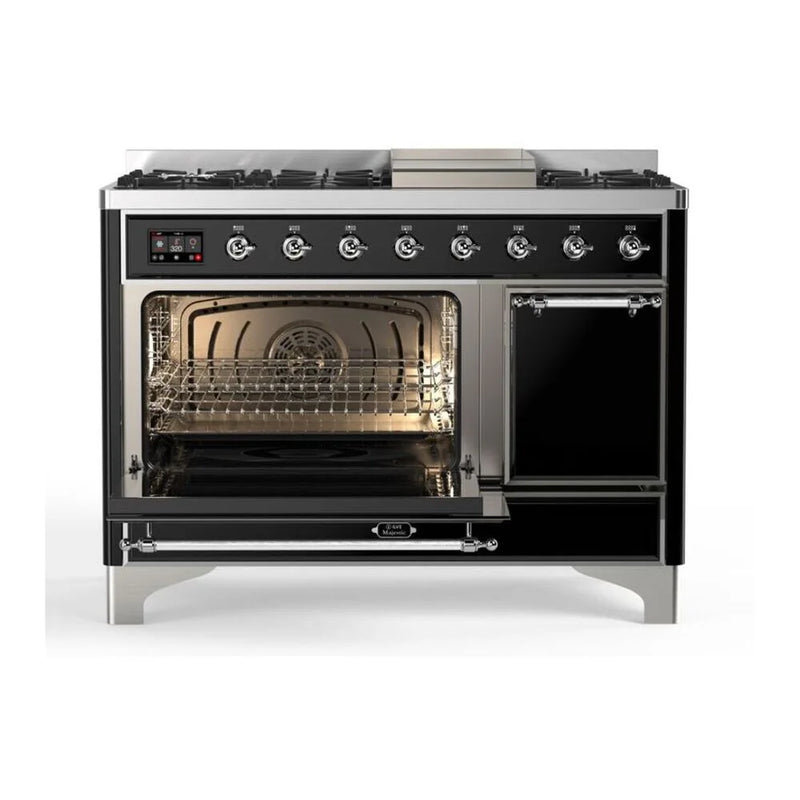 ILVE Majestic II 48" Dual Fuel Freestanding Range in Glossy Black with Chrome Trim, UM12FDQNS3BKCLP