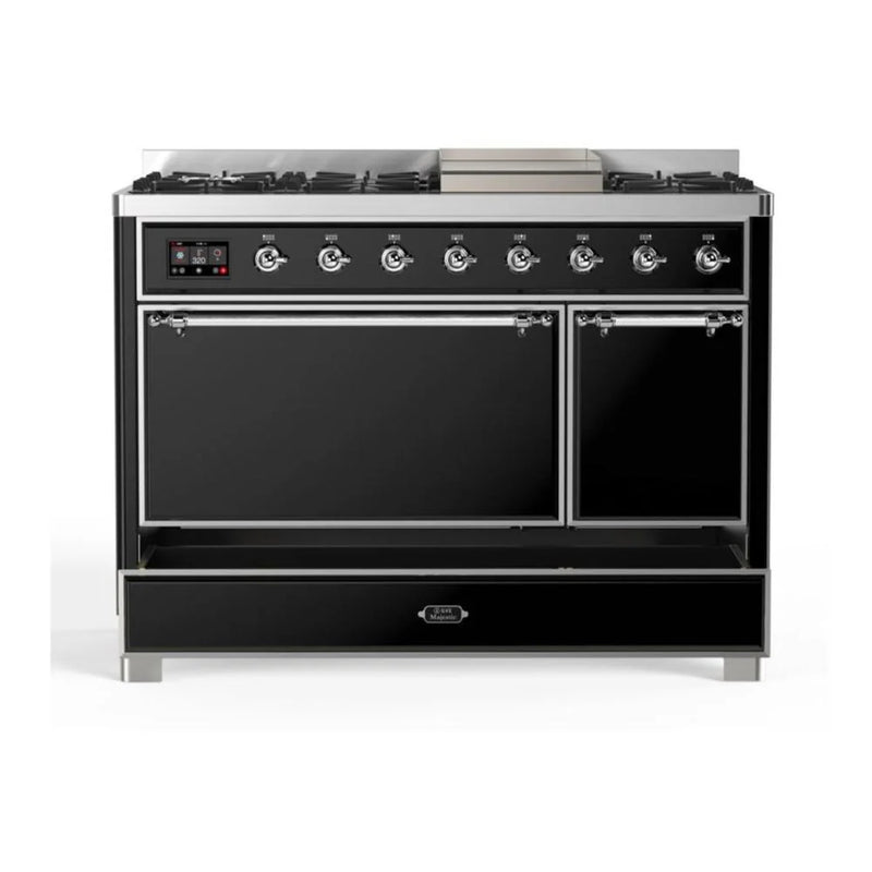 ILVE Majestic II 48" Dual Fuel Freestanding Range in Glossy Black with Chrome Trim, UM12FDQNS3BKCLP