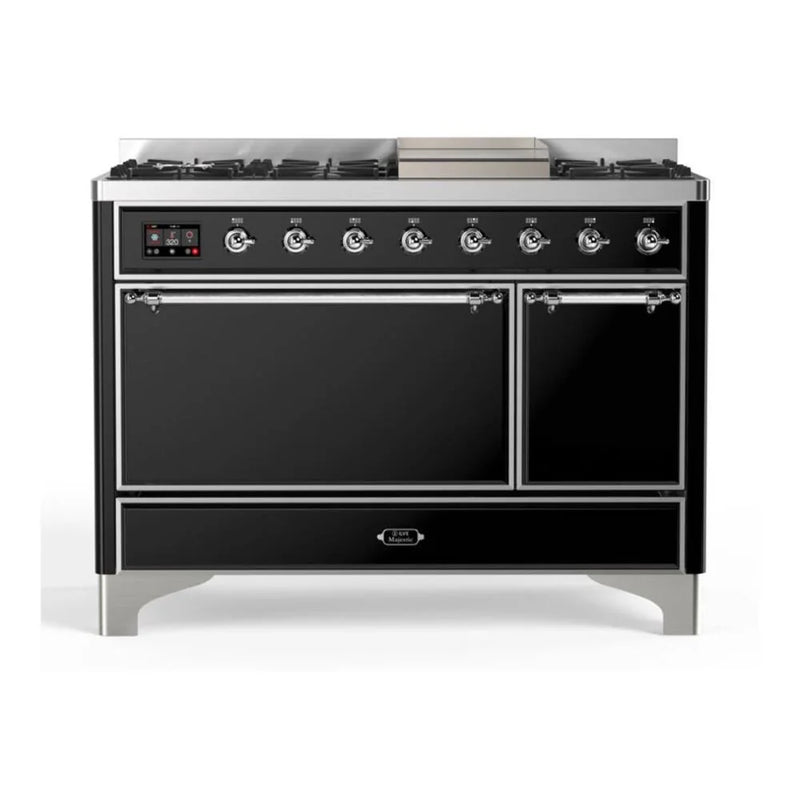 ILVE Majestic II 48" Dual Fuel Freestanding Range in Glossy Black with Chrome Trim, UM12FDQNS3BKC