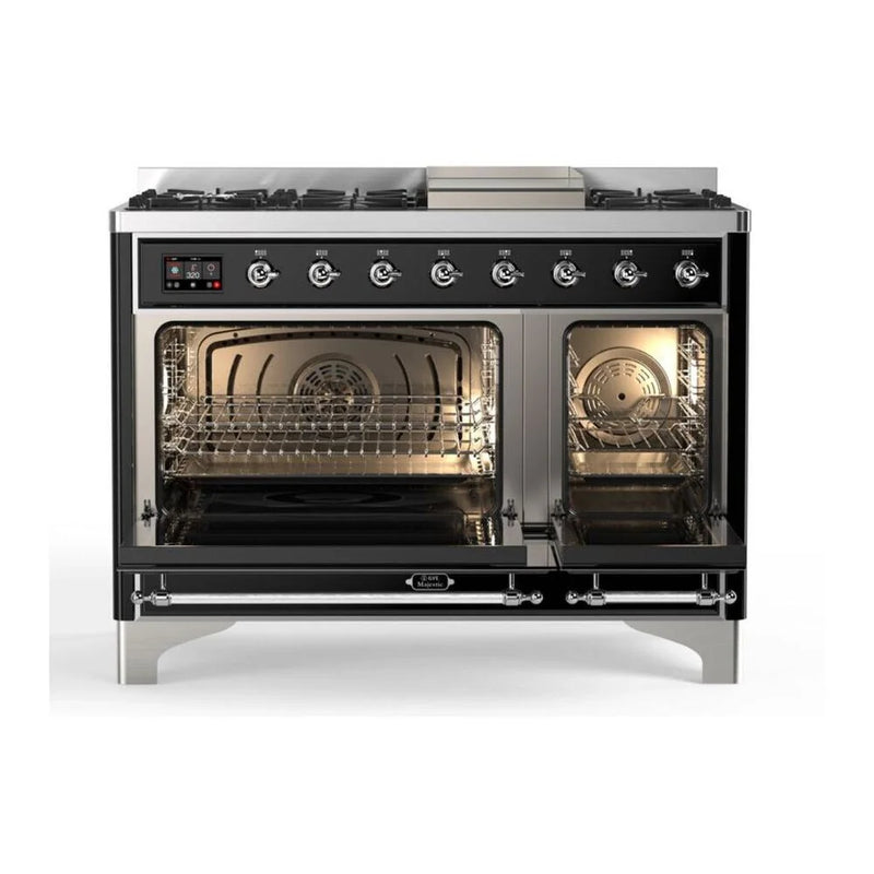 ILVE Majestic II 48" Dual Fuel Freestanding Range in Glossy Black with Chrome Trim, UM12FDQNS3BKC