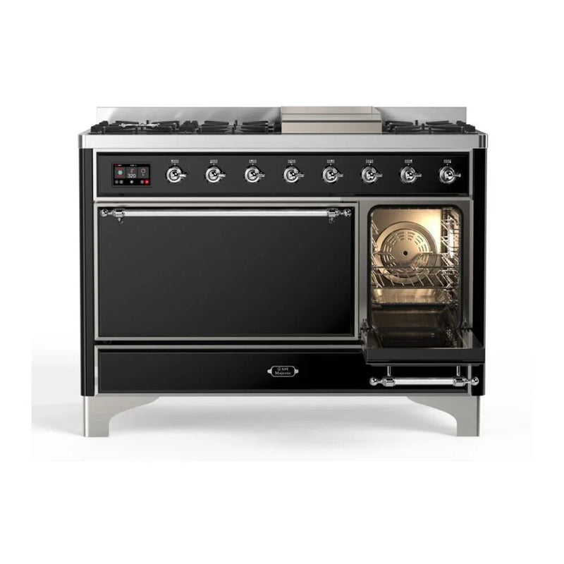 ILVE Majestic II 48" Dual Fuel Freestanding Range in Glossy Black with Chrome Trim, UM12FDQNS3BKC
