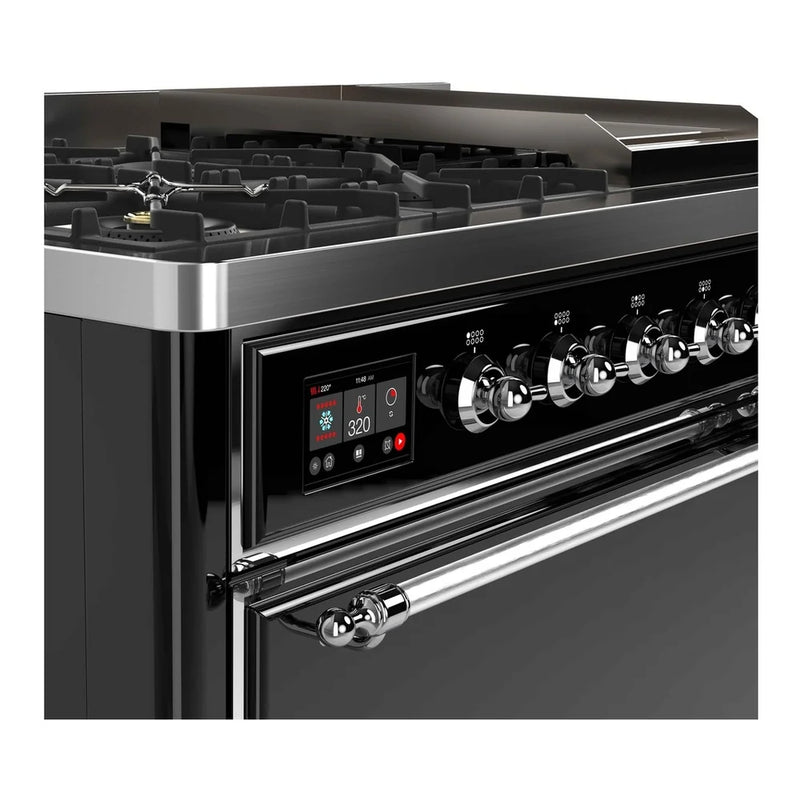 ILVE Majestic II 48" Dual Fuel Freestanding Range in Glossy Black with Chrome Trim, UM12FDQNS3BKC
