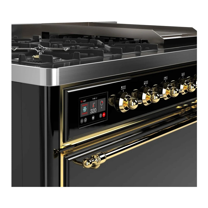 ILVE Majestic II 48" Dual Fuel Freestanding Range in Glossy Black with Brass Trim, UM12FDQNS3BKGLP