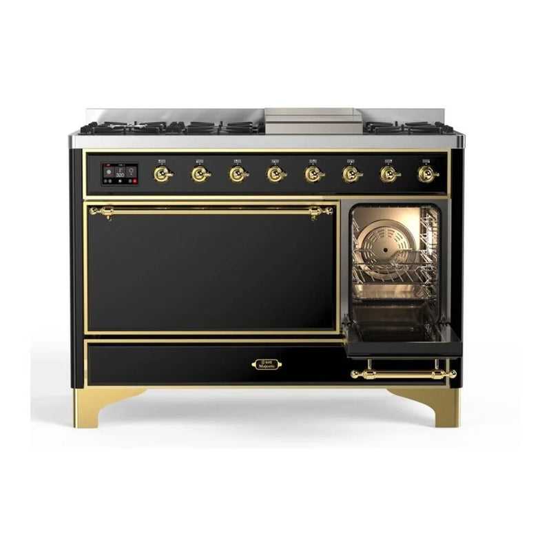 ILVE Majestic II 48" Dual Fuel Freestanding Range in Glossy Black with Brass Trim, UM12FDQNS3BKGLP