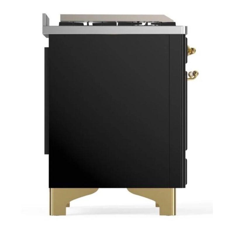 ILVE Majestic II 48" Dual Fuel Freestanding Range in Glossy Black with Brass Trim, UM12FDQNS3BKGLP