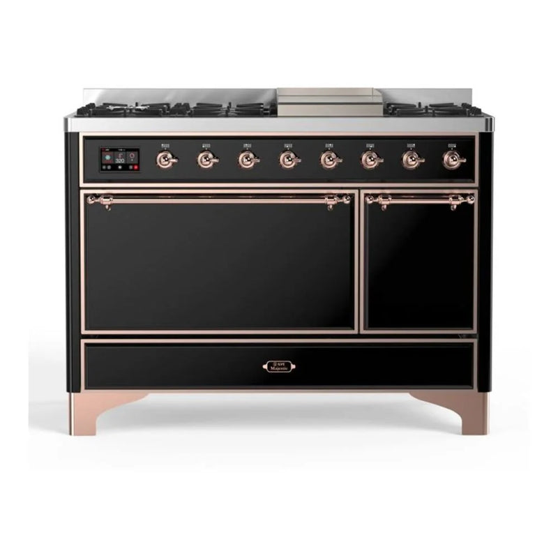 ILVE Majestic II 48" Dual Fuel Freestanding Range in Glossy Black with Copper Trim, UM12FDQNS3BKPLP