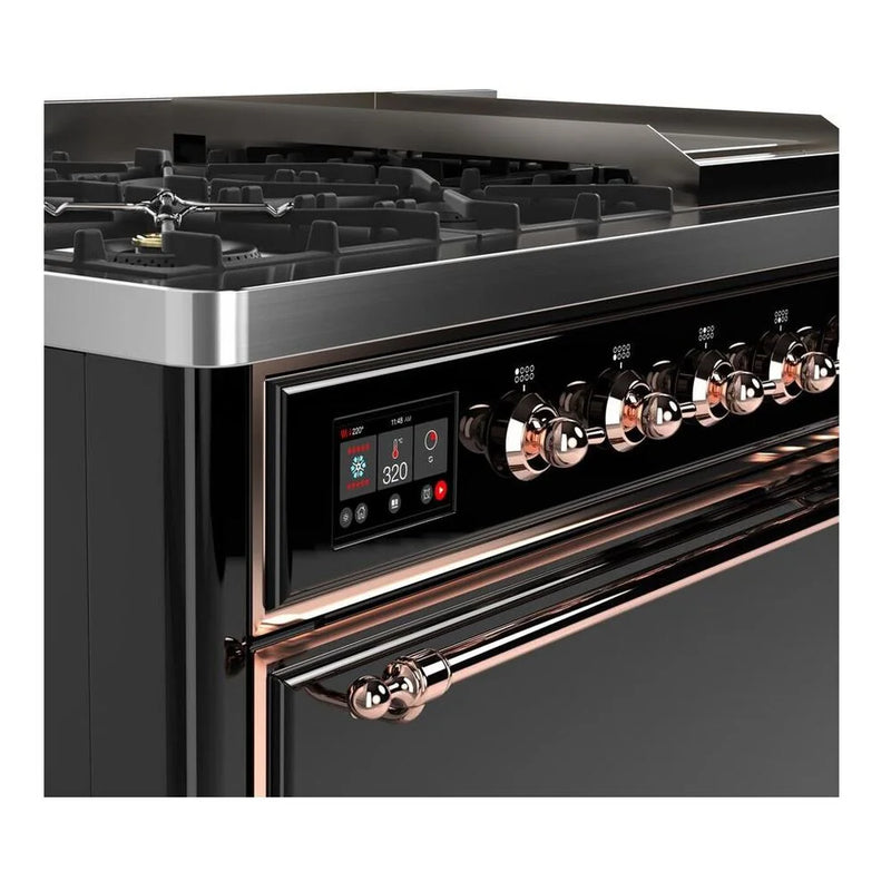 ILVE Majestic II 48" Dual Fuel Freestanding Range in Glossy Black with Copper Trim, UM12FDQNS3BKPLP