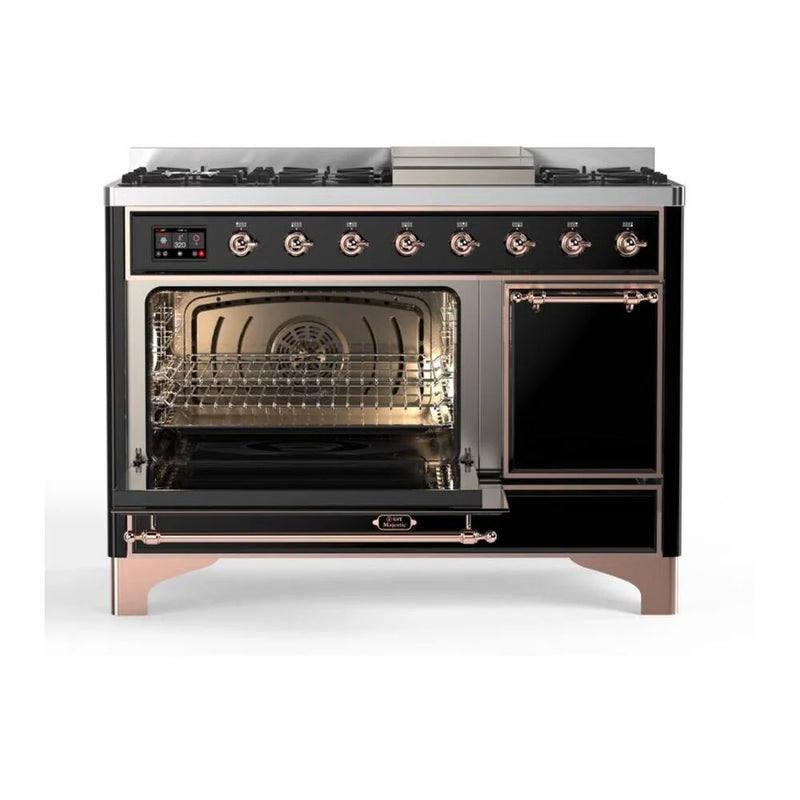 ILVE Majestic II 48" Dual Fuel Freestanding Range in Glossy Black with Copper Trim, UM12FDQNS3BKPLP