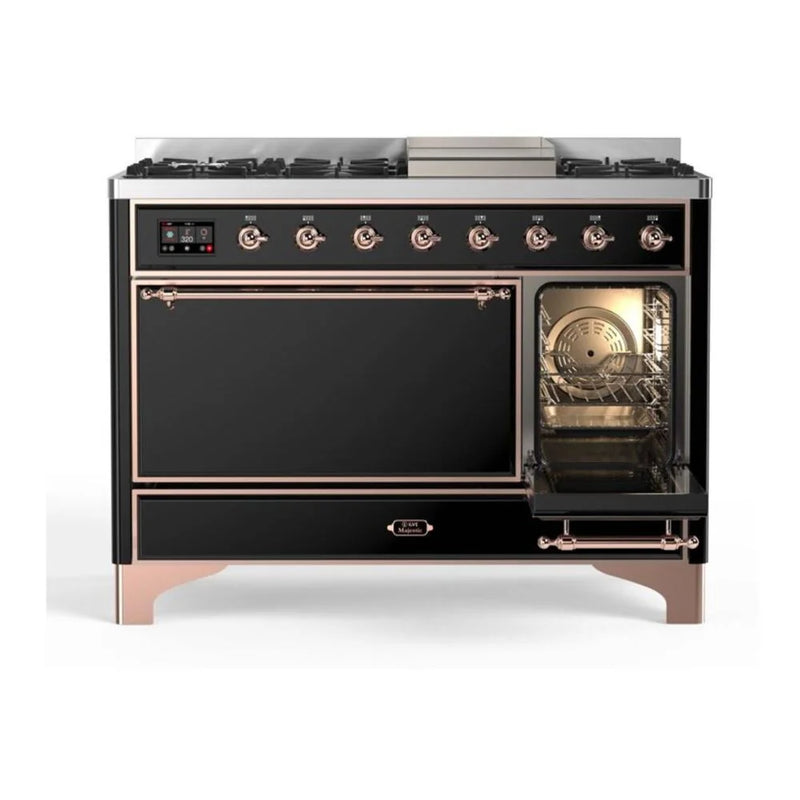 ILVE Majestic II 48" Dual Fuel Freestanding Range in Glossy Black with Copper Trim, UM12FDQNS3BKPLP