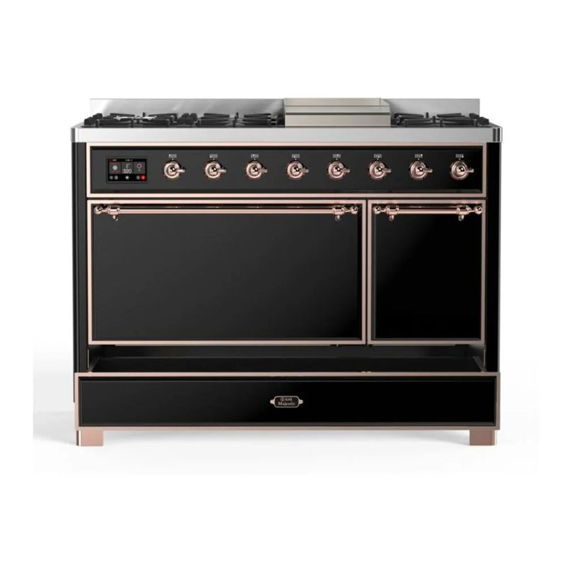 ILVE Majestic II 48" Dual Fuel Freestanding Range in Glossy Black with Copper Trim, UM12FDQNS3BKPLP