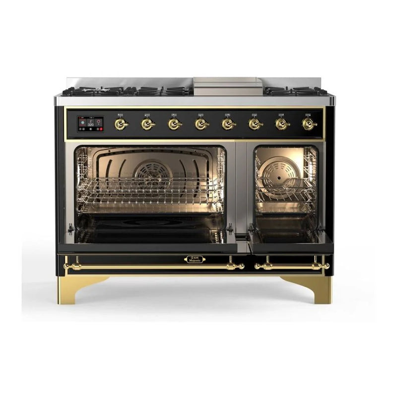 ILVE Majestic II 48" Dual Fuel Freestanding Range in Glossy Black with Copper Trim, UM12FDQNS3BKP