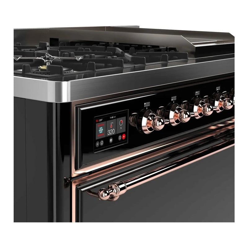 ILVE Majestic II 48" Dual Fuel Freestanding Range in Glossy Black with Copper Trim, UM12FDQNS3BKP