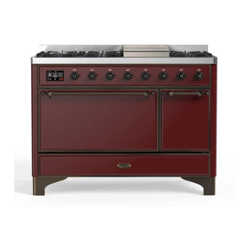 ILVE Majestic II 48" Dual Fuel Freestanding Range in Burgundy with Burnished Trim, UM12FDQNS3BUBLP