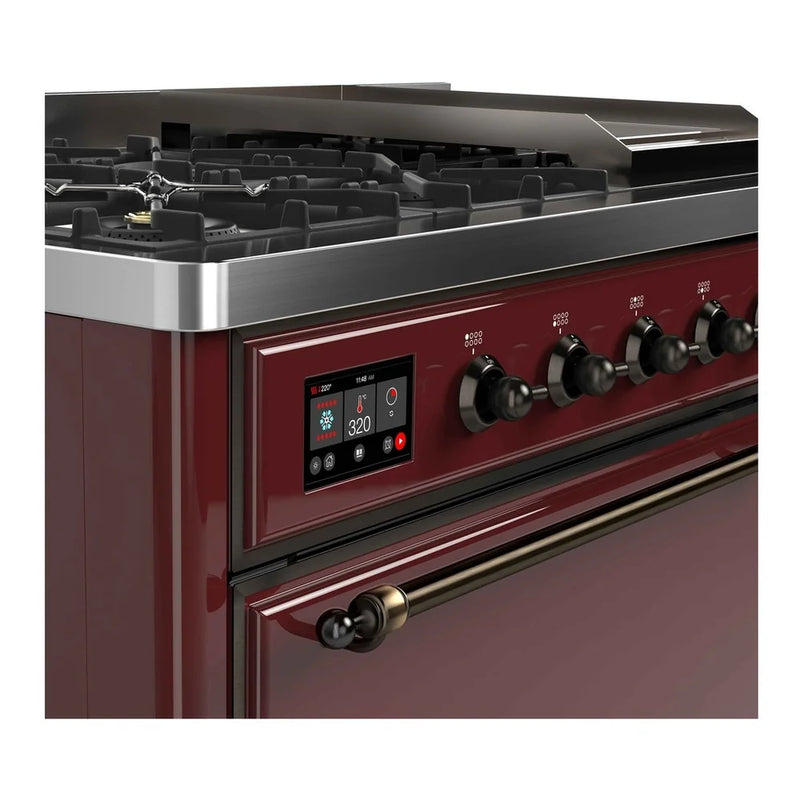 ILVE Majestic II 48" Dual Fuel Freestanding Range in Burgundy with Burnished Trim, UM12FDQNS3BUBLP