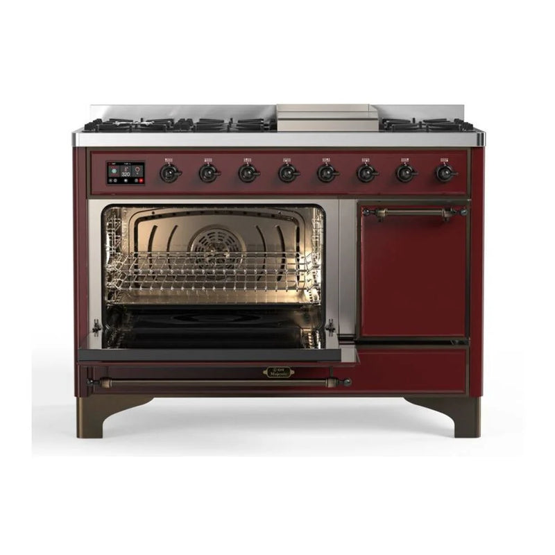 ILVE Majestic II 48" Dual Fuel Freestanding Range in Burgundy with Burnished Trim, UM12FDQNS3BUBLP