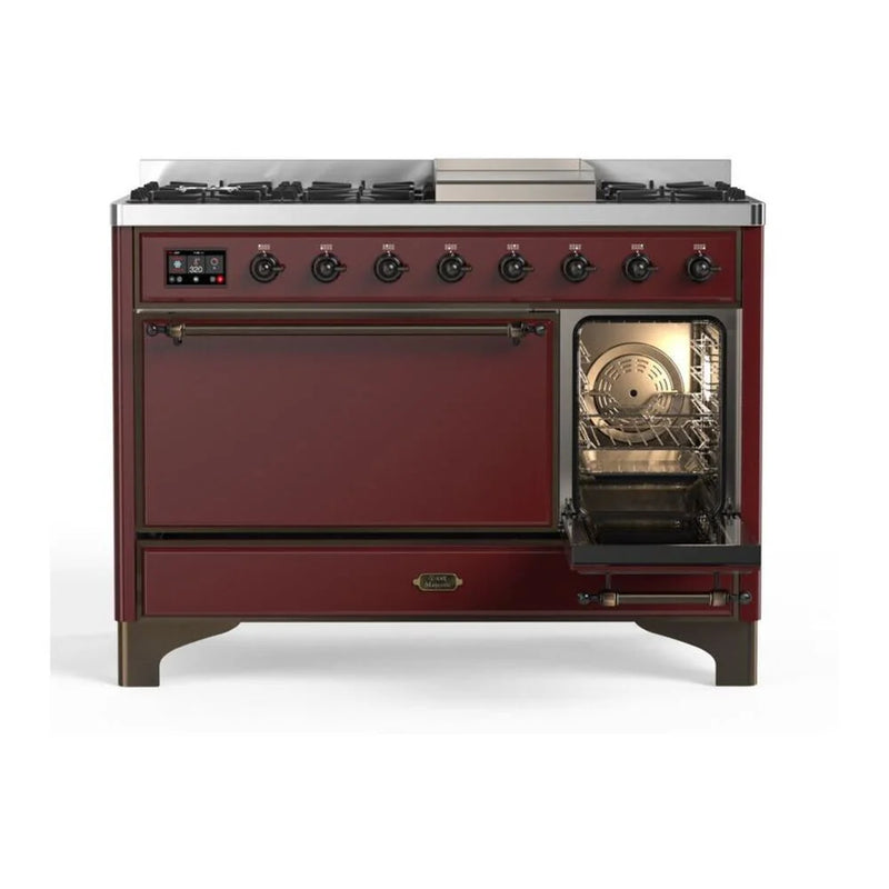 ILVE Majestic II 48" Dual Fuel Freestanding Range in Burgundy with Burnished Trim, UM12FDQNS3BUBLP