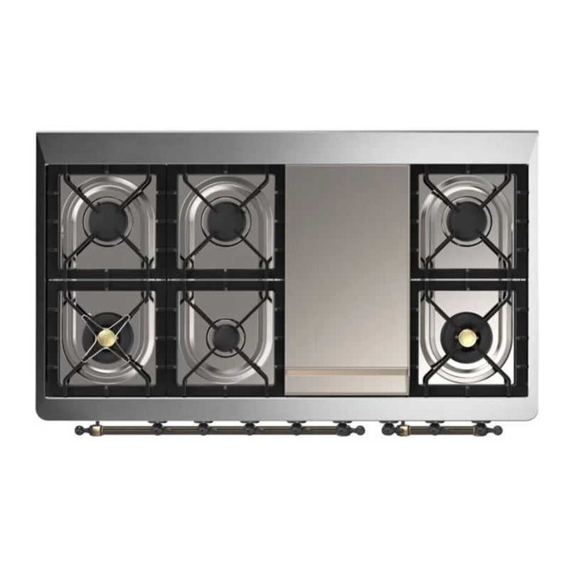 ILVE Majestic II 48" Dual Fuel Freestanding Range in Burgundy with Burnished Trim, UM12FDQNS3BUBLP